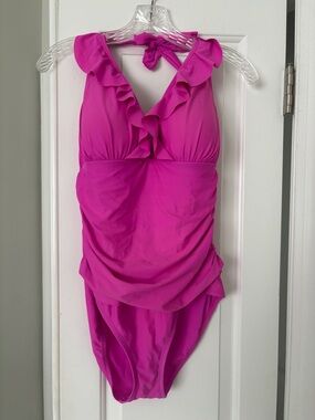 MK Women's Ruffled V-Neck One-Piece Swimsuit in Bright Magenta, built in bra